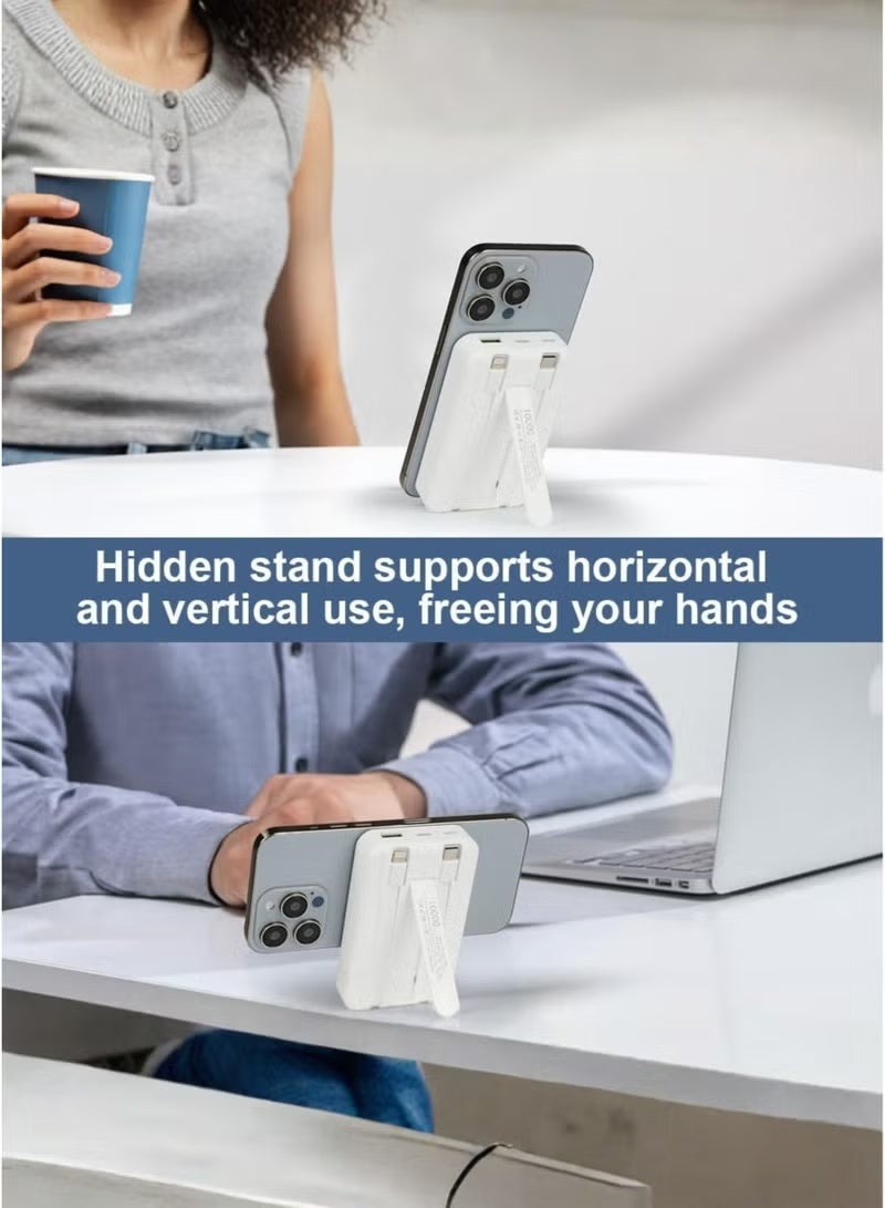 ELTRAZONE MagSafe 10000mAh Power Bank with Foldable Stand, Dual Type-C & 1 USB Port, Fast Charging with LED Indicator, Includes Type-C & Lightning Cables – Compatible with iPhone 15/14/13/12, Samsung Galaxy, Google Pixel – White - Image 5